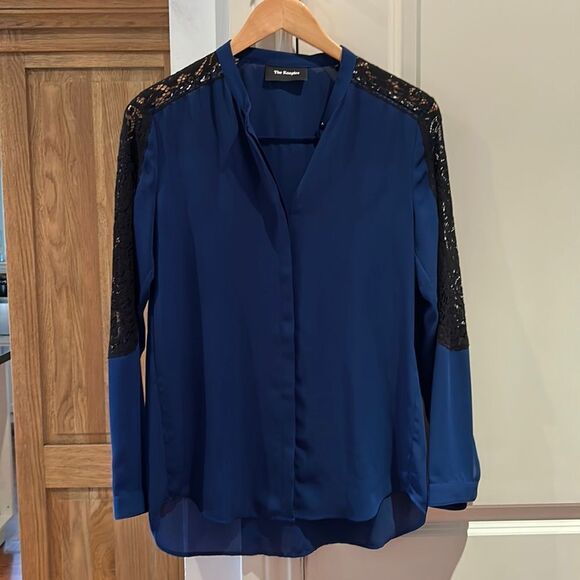 The Kooples Paris, blue button up blouse with black lace detail, extra small - Picture 2 of 12